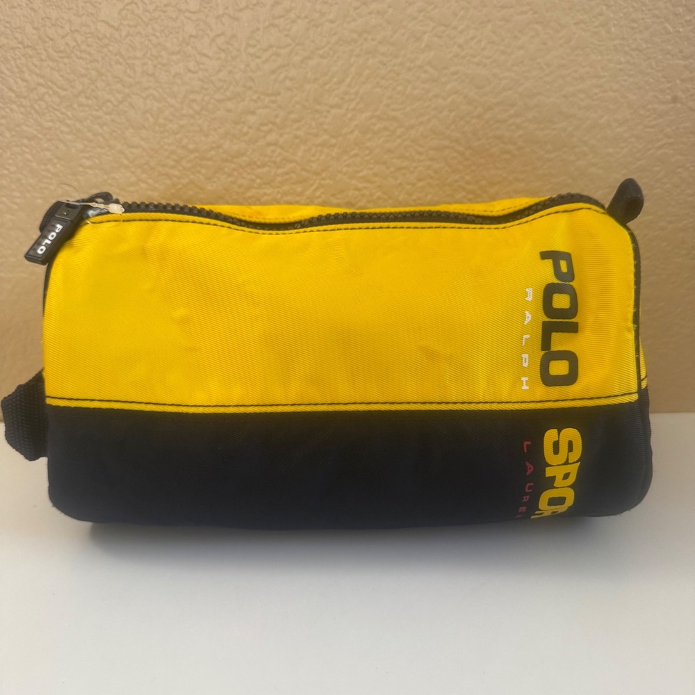Polo Sport Ralph Lauren Vintage Toiletry Bag Yellow Navy Blue Barrel Pouch 1990s